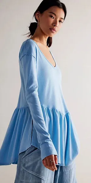 Free People We The Free Rose Petal Tee Shirt Long Sleeve‎ Blue Size Large thumbnail 1