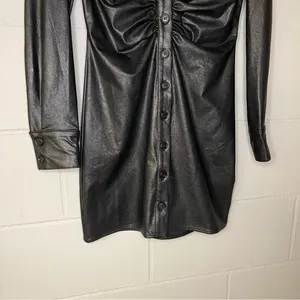 Vintage Havana Black Leather Ruched Shirt Dress Long Sleeve Women’s Size Small thumbnail 5