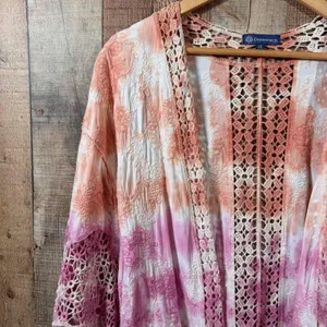 Democracy Tie Dye Crochet Kimono 1X Plus Lace Duster Swim Cover Up Pink Orange thumbnail 8