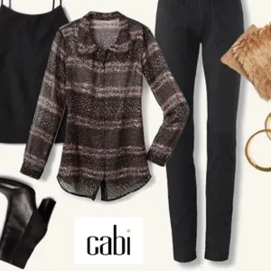 Cabi Large Semi Sheer Button Front Blouse Black Abstract Print Long Sleeve Top thumbnail 5