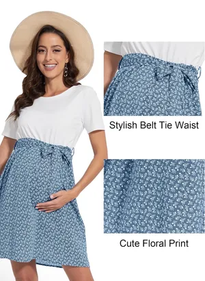 Blue Floral Tie Waist Maternity-Friendly Dress Size M thumbnail 2
