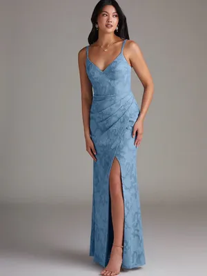 Azazie Leo Blue Lace V-Neck Evening Dress with Side Slit thumbnail 3