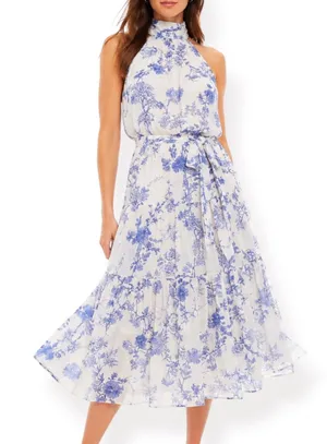 Lulus Float To‎ You White Blue Floral Halter Tiered Midi Dress Small Romantic thumbnail 1