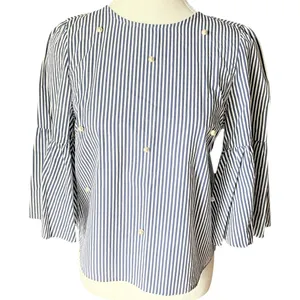 Zara Navy and White Striped Blouse Poplin Bell Sleeves Pearl Accent 3/4 Sleeves‎ thumbnail 2