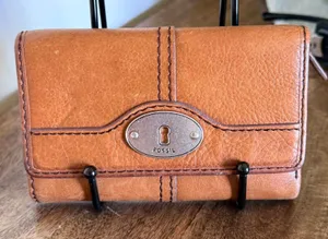 Vintage Fossil Cognac Brown Leather Trifold Wallet‎ Keyhole Snap Y2K Boho Rustic thumbnail 1