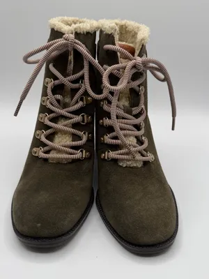 Dr Scholls Loni Boots Womens 6 Olive Suede Shearling Lace Up Block Heel thumbnail 2