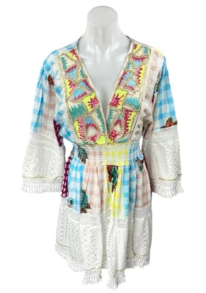 Siya Multicolor Embroidered Sequin Patchworks Checkered Mini A-Line Dress L/XL thumbnail 1