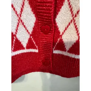 Jessica Simpson Heart Argyle Cardigan Sweater Red Pink White Size S NWT thumbnail 3