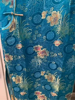 Yuexuan Qipao Dress Shanghai Style Blue Gold Floral Satin Mandarin Collar Y2K thumbnail 5