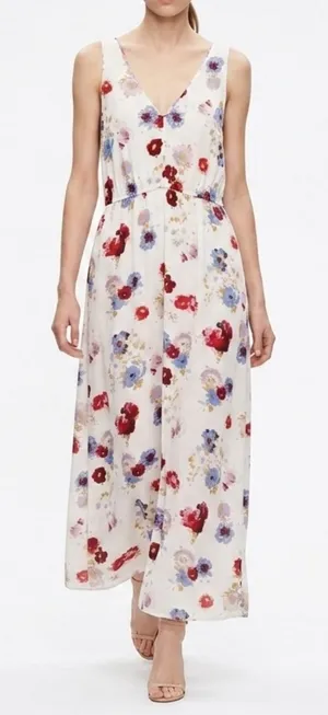 NEW Lucky Brand Floral Maxi Dress LARGE beige blue purple Sleeveless Boho chic thumbnail 1