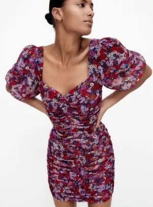 ZARA Shimmer‎ Floral Puff Sleeve Mini Dress thumbnail 1