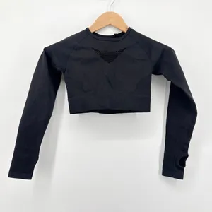 AYBL Black Motion Seamless Cropped Long Sleeve Gym Top Thumbholes‎ Cutout Back S thumbnail 3