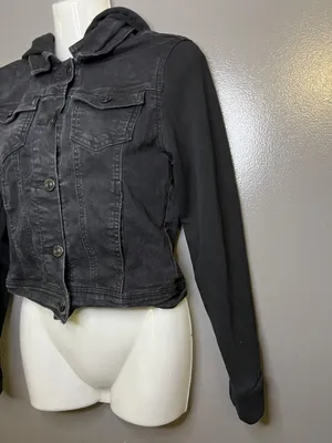 WallFlower Jacket Womens Small Black Denim Hooded Knit Sleeves Button Cropped thumbnail 4