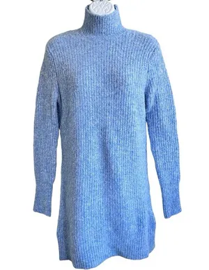 Zara Pullover Knit Ribbed Short Sweater Dress Mock Neck Light Blue Color XS thumbnail 9