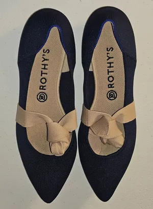Rothy's Womens Navy The Point‎ Mary Jane Flats Shoes With Tan Bow Strap 10.5 thumbnail 1