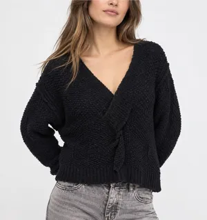 Free People Women’s XS Black Wrap Tie Front Chunky Knit Cropped Sweater thumbnail 1