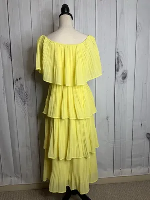 She + Sky Sz M Yellow Lined Chiffon Pleated Tiered Ruffle Midi Dress Sleeveless thumbnail 7
