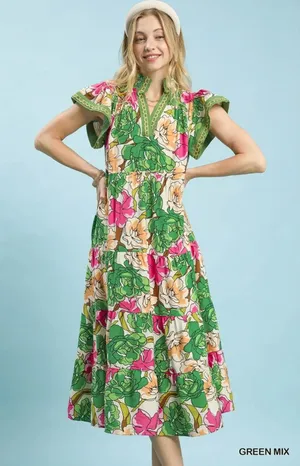 Umgee Mix Bold Floral Tiered Midi Dress -‎ Medium thumbnail 1