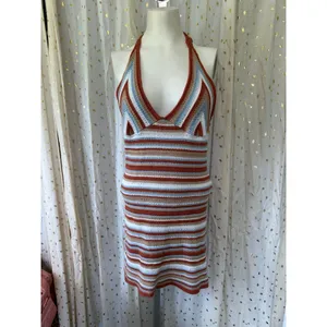 Cotton On Twiggy Knit Halter Multi Color Striped Crochet Sweater Mini Dress M thumbnail 2