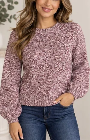 J.Crew Re-Imagined Marled Knit Balloon Sleeve Sweater Burgundy Pink S thumbnail 1