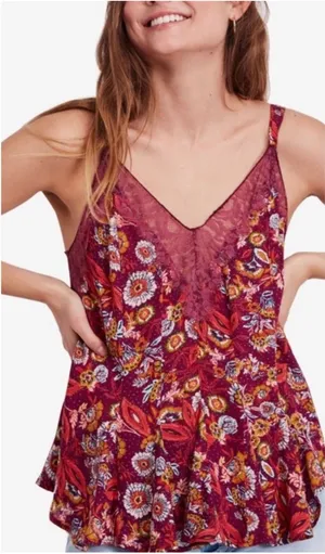 Free People Floral Cami Top Lace Trim V Neck Sleeveless‎ Blouse Medium thumbnail 1