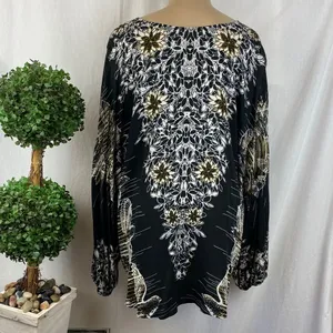 Free People Black Print Long Sleeve Peasant Boho Festival Oversized Top Blouse M thumbnail 4