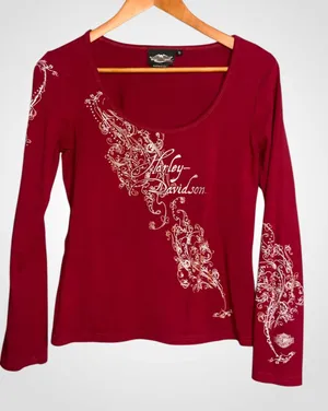 Harley-Davidson Women's Vintage Red Long-Sleeve Scoop Neck Top Size Small thumbnail 1