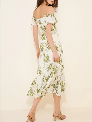 Reformation Butterfly Off-The-Shoulder Midi Dress in Green Floral thumbnail 2