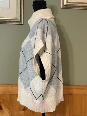 LOFT Cream and Light Gray Argyle Cowl Neck Sweater Vest size XL thumbnail 3