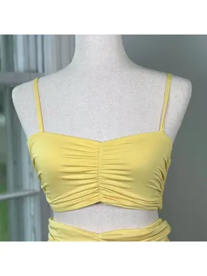 Butter Yellow Ruched Two Piece Set Small Crop Top Mini Skirt Going Out Party thumbnail 3