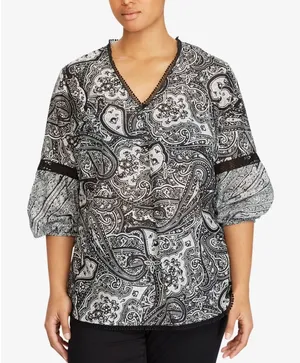 Lauren Ralph Lauren Size XL Black White Paisley Silk‎ Blend Blouse thumbnail 1