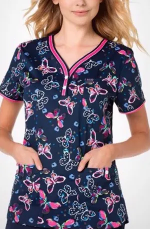 Koi Lite Iridescent Light Bright Butterfly Print Scrub Top thumbnail 1