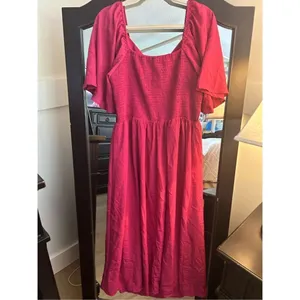 NEW Pink Midi Ruffle Short Sleeve A Line Flowy Dress 2x thumbnail 2