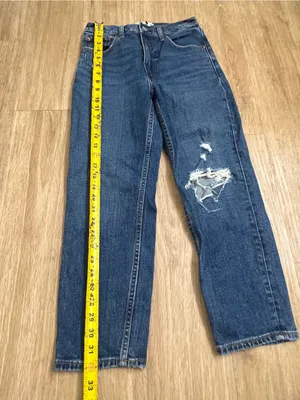 Abercrombie & Fitch Dark Blue High-Rise Straight Jeans with Distressing thumbnail 4