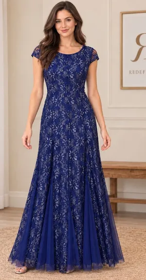 Candalete Royal Blue Silver Metallic Floral Lace Cap Sleeve Gown Maxi Dress S thumbnail 1