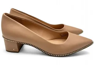 Coach Pointed Low Block Heel Pumps in Tan with Beaded Trim thumbnail 1