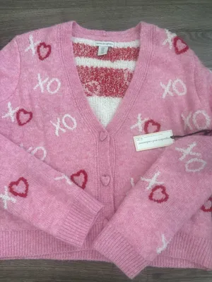 Cupcakes and Cashmere Pink XO Heart Print Cardigan Sweater Medium NEW thumbnail 1