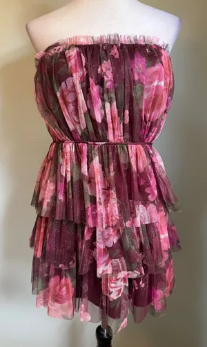 Y2k fairy whimsi bohoFloral Glitter Tulle Strapless Tiered Mini Dress BurgundY 9 thumbnail 1
