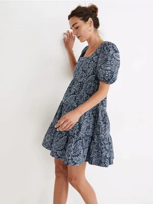 Madewell Poplin Puff-Sleeve Tiered Babydoll Dress in Paisley Garden Navy Size 10 thumbnail 2