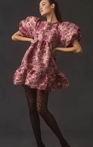 By Anthropologie Puff Short-Sleeve Babydoll Mini Dress Pink Floral Medium thumbnail 1