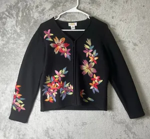 Vintage Black Floral Embroidered Wool Cardigan Jacket Cottagecore Folk Art Boho thumbnail 1