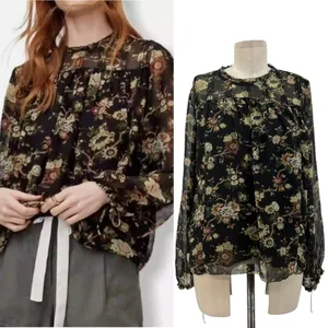 Aritzia Wilfred Long Sleeve Floral Print Chiffon‎ Blouse Black Green Size Medium thumbnail 2
