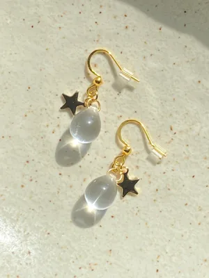 clear Czech glass teardrop & gold stainless star cute dangle earrings 🤍🌟 thumbnail 6