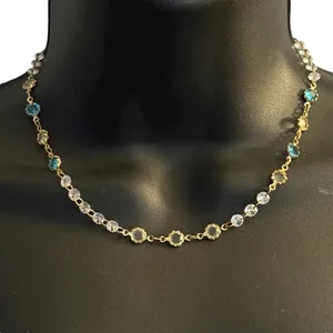 Gold tone teal and clear cubic zirconia crystal necklace thumbnail 1