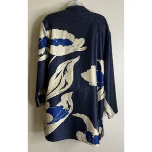 Chicos Travelers 3 US XL Womens Jacket Navy Blue Cream Floral Open Front Crinkle thumbnail 2