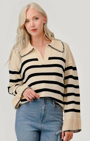 Unbranded Women’s Collared Polo Sweater Cream & Navy Stripe 2XL Nautical Boho thumbnail 1