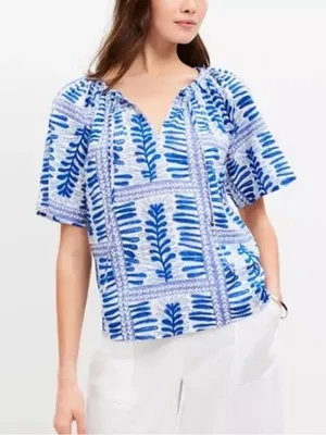 Loft Womens Blue Fern Cotton Blouse Top Medium New thumbnail 1