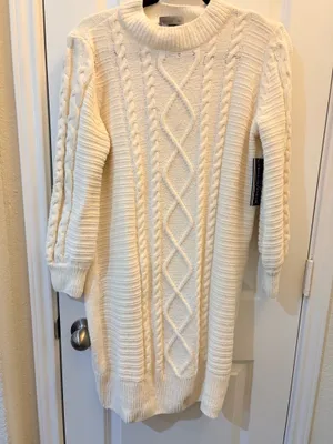 Allison Brittney Petite Ivory Cable Knit Chenille Sweater Dress Cozy Winter M thumbnail 1