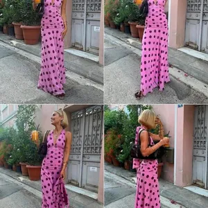 Alyweatry Pink Polka Dot Halter Maxi Dress Ruched V Neck Y2K Summer Sundress thumbnail 6