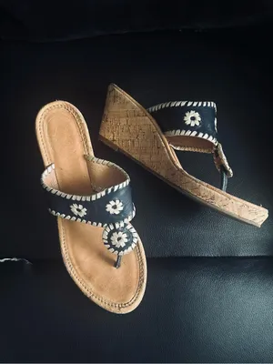 Jack Rogers Navy Blue Leather Cork Wedge Goldtone Flecked Thong Sandals 8 thumbnail 8